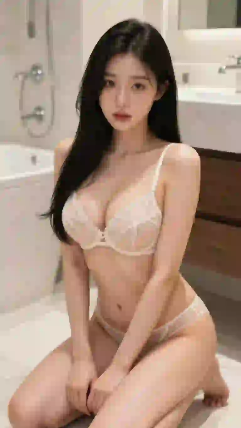 Mujer asiática en lencería beige posando en un baño.