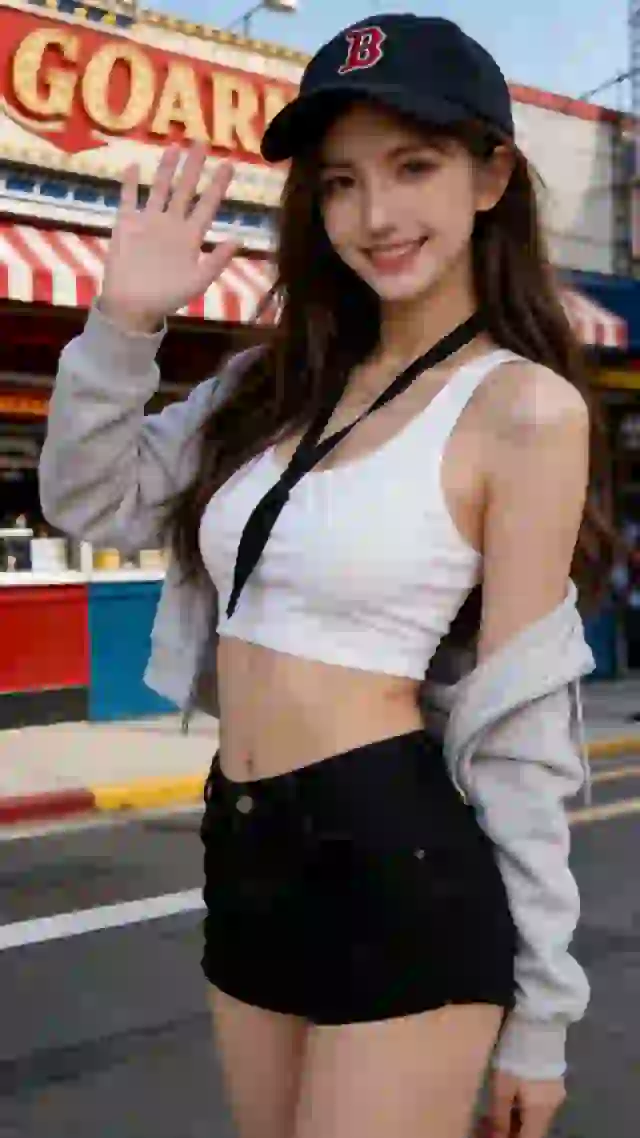 Mujer asiática vestida de calle informal saludando a los espectadores.