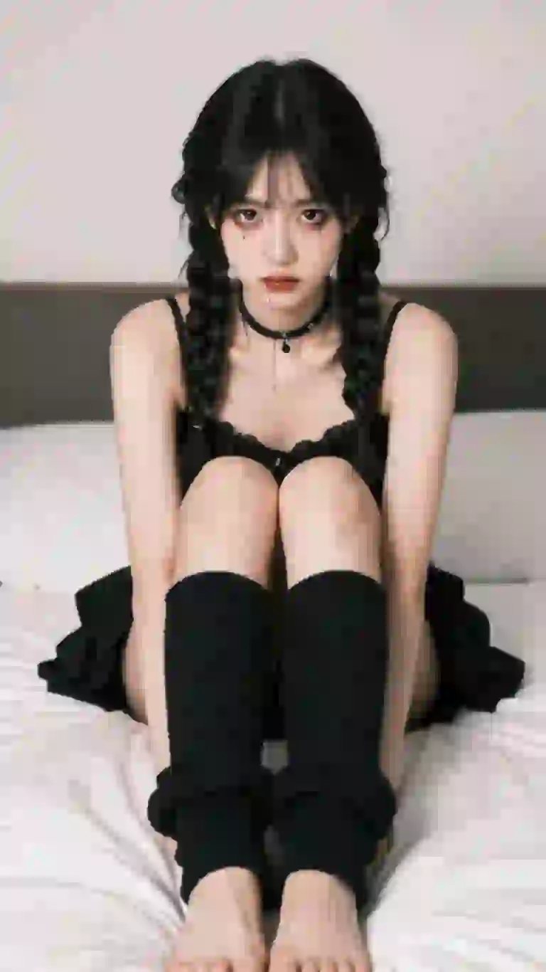 Mujer asiática con trenzas vestida de negro posando en la cama.