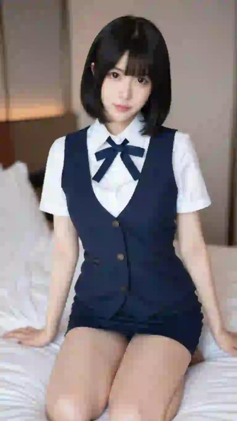 Mujer asiática con pelo corto vestida de oficina posando en la cama.