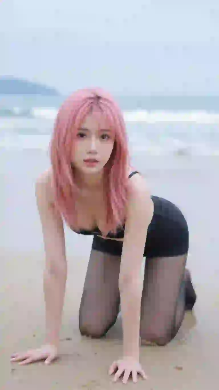 Mujer asiática con cabello rosado vestida de negro arrodillada en posición de perrito en la playa.