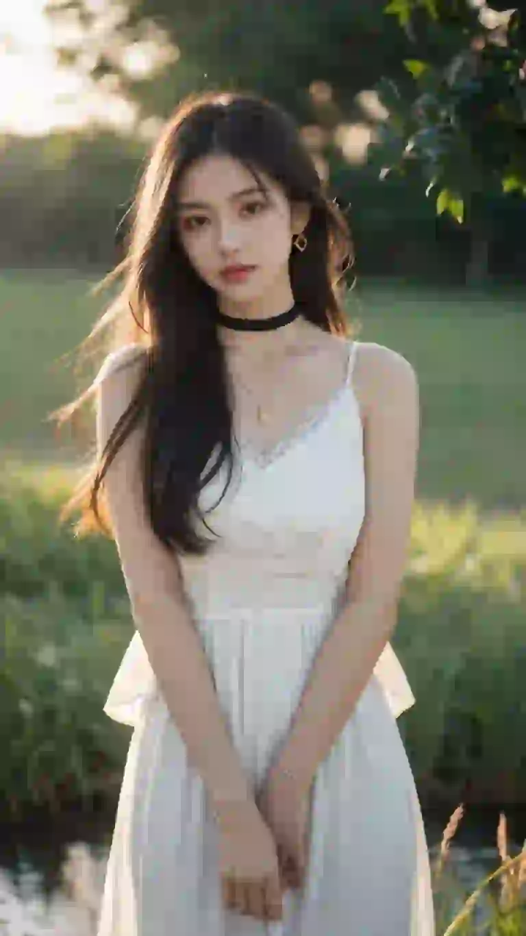 Mujer asiática con vestido blanco con gargantilla negra posando al aire libre.