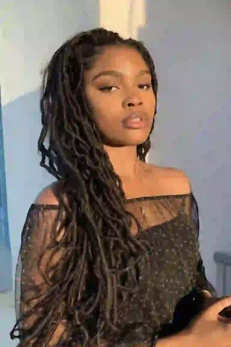 Mujer negra con vestido negro transparente posando al aire libre.