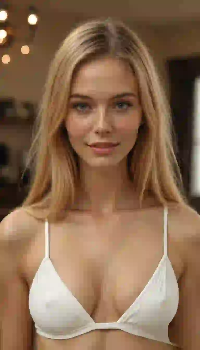 Mujer rubia en bikini blanco posando en el interior.