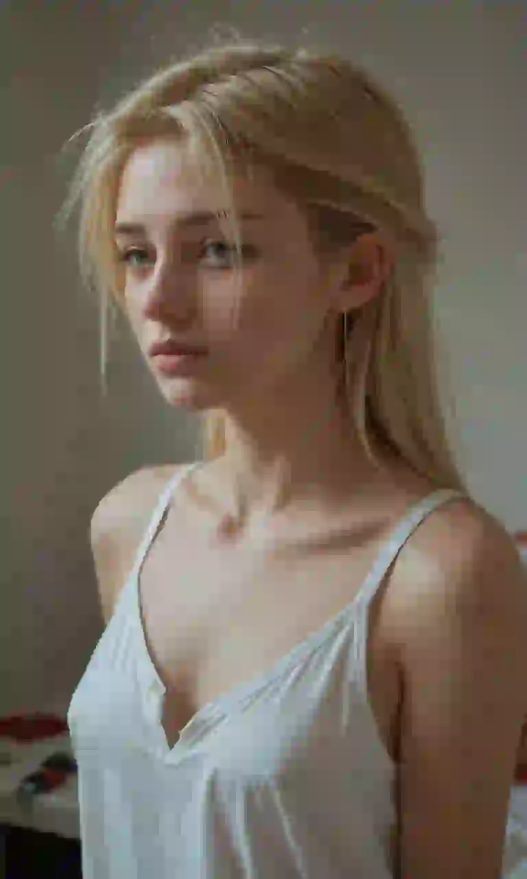 Blonde woman in white tank top posing. Template for AI Image to Video Generator.
