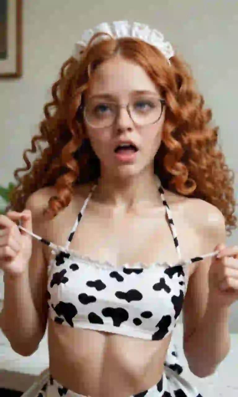 Woman with red curly hair and glasses in cow print bikini posing. Template for AI Image to Video Generator.
