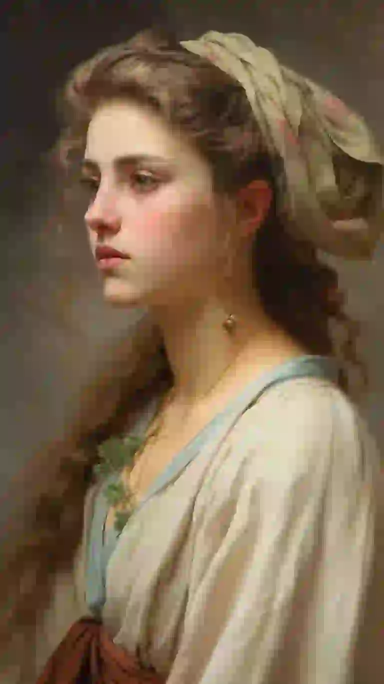 Estilo de pintura al óleo, mujer con cabello rizado oscuro y vestido beige.