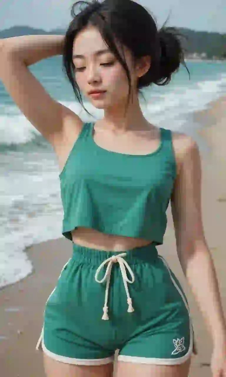 Asian woman in green tank top and green shorts posing on the beach. Template for AI Image to Video Generator.