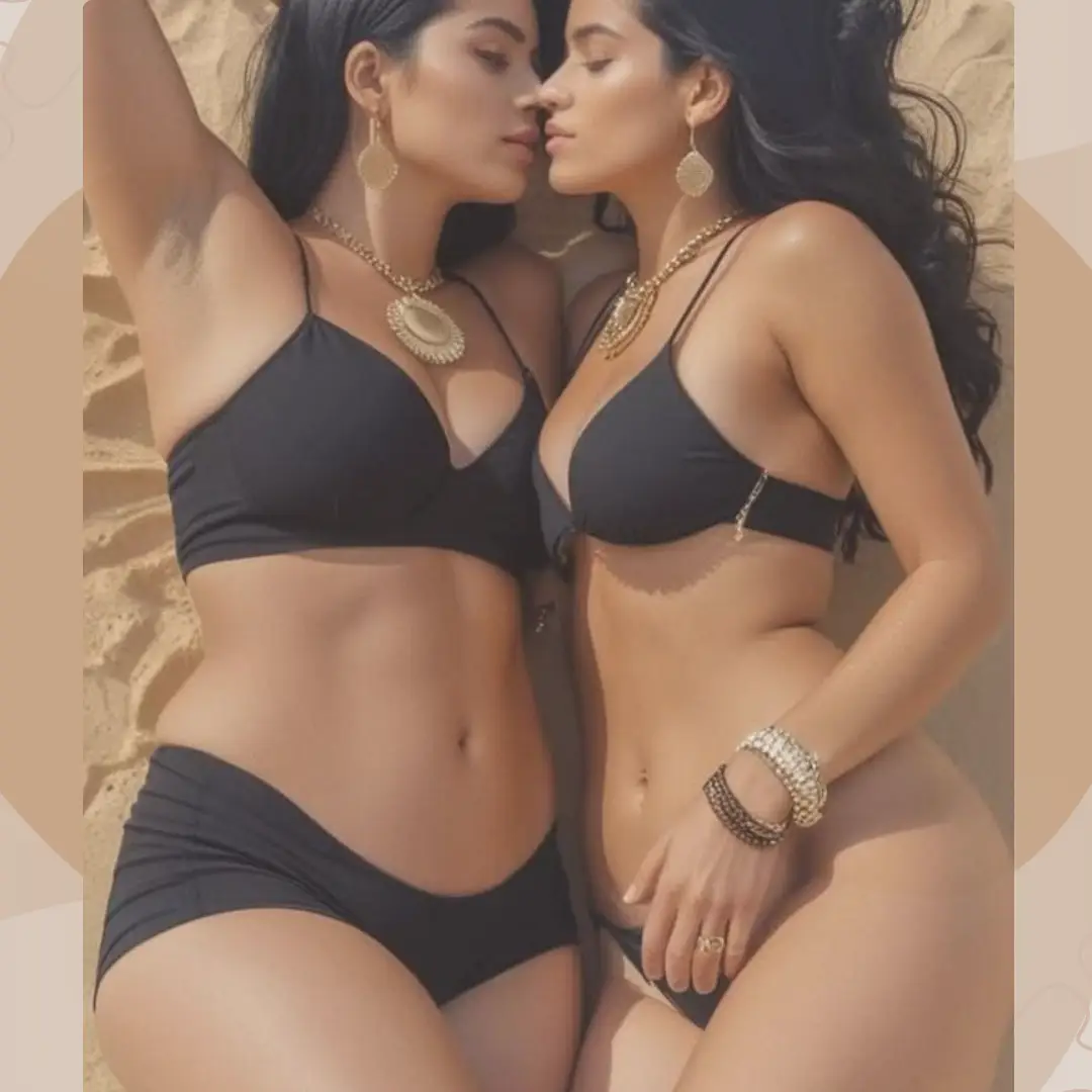 Two women, their faces almost touching in affection, both wearing matching black bikinis and gold jewelry.