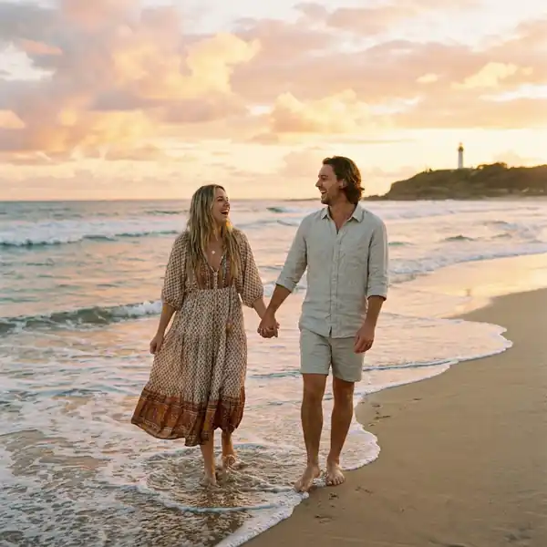 A couple is holding hands and walking on the beach.