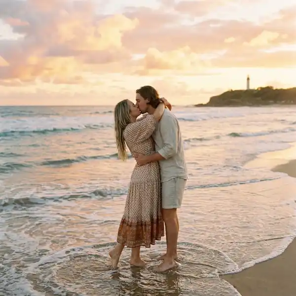 A couple is hugging and kissing each other on the beach.