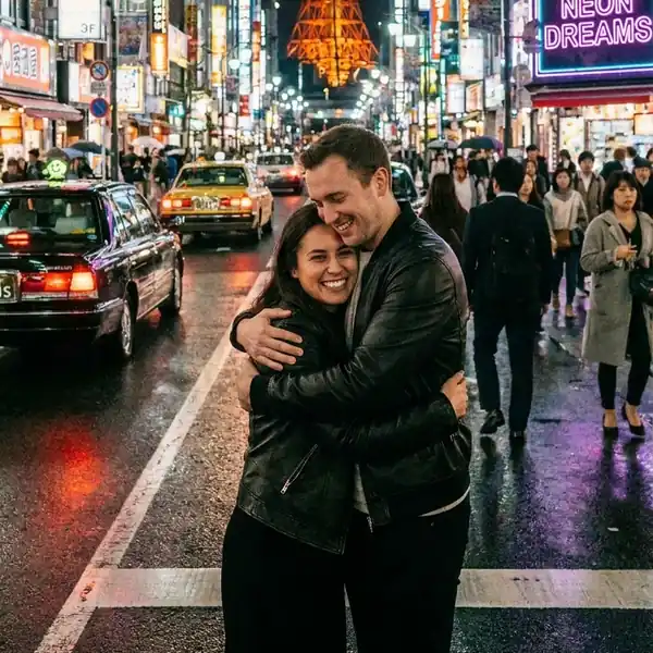 A couple is hugging in a busy street in Japan.