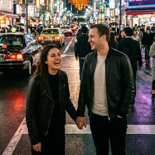 A couple is laughing and holding hands in a busy street in Japan.
