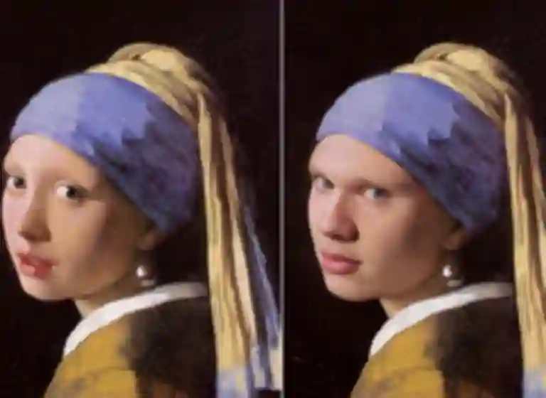 Combined image demonstrating the Face Swap effect. Left: Classic oil painting 