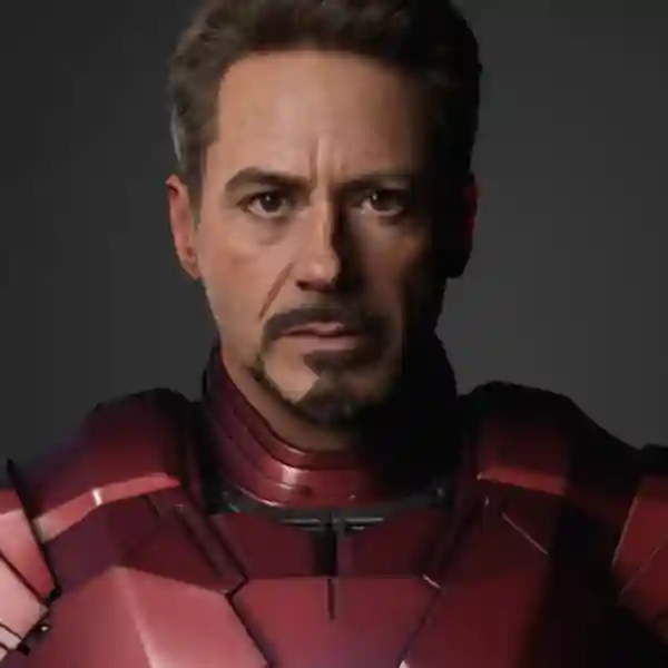 Robert Downey Jr. w zbroi Iron Mana ze zdecydowanym wyrazem twarzy.