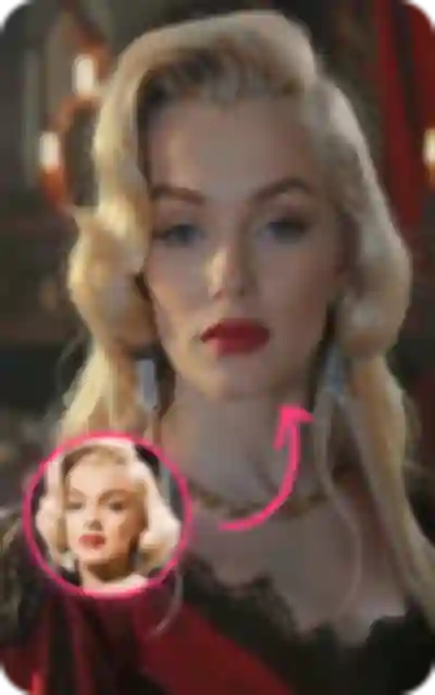 Twarz Marilyn Monroe na nowoczesnej blondynce w czerwonej sukience, pokazująca efekt zamiany twarzy na zdjęciu.