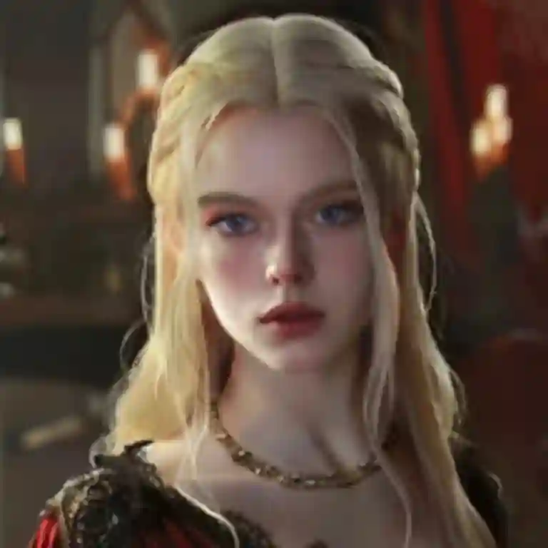 Een prinses met blond haar in een donkerrode jurk poserend in een luxe kamer.
