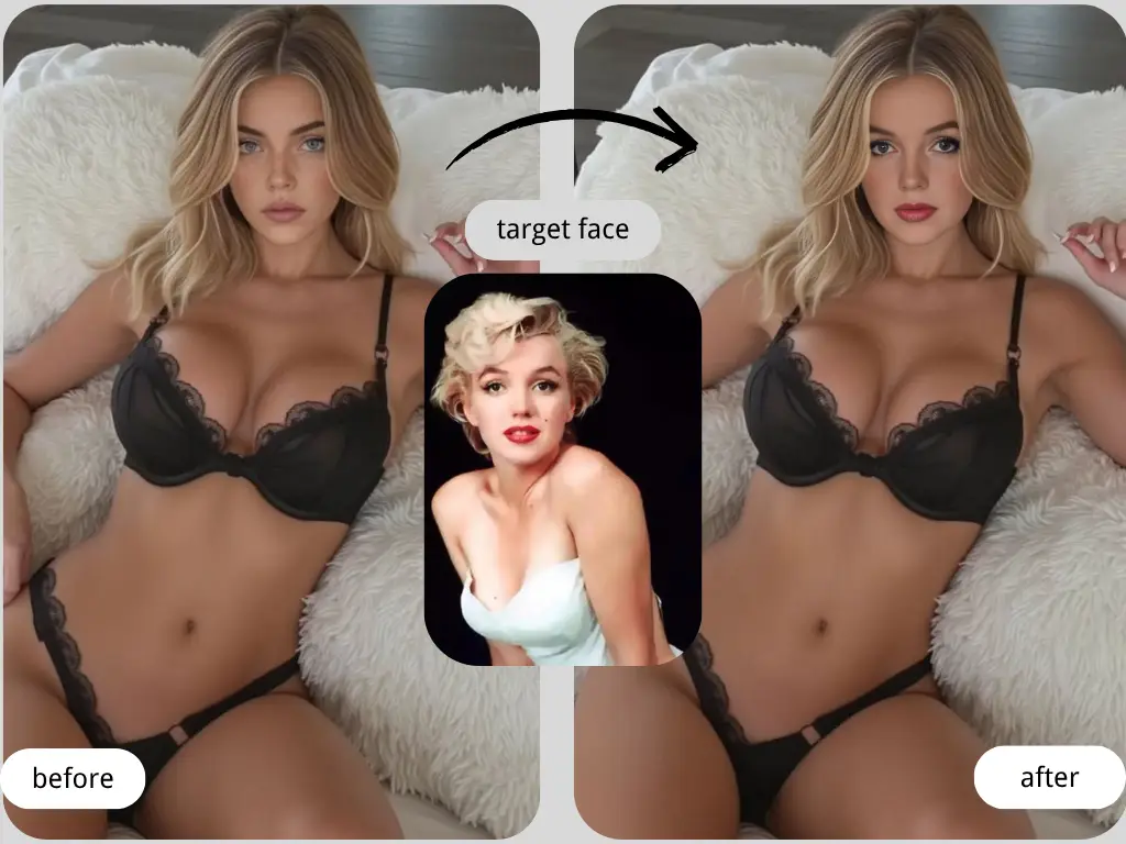 Mengenakan pakaian dalam renda hitam, wajah model ini diganti dengan ikon Hollywood klasik Marilyn Monroe, menciptakan efek pertukaran wajah NSFW fantasi.