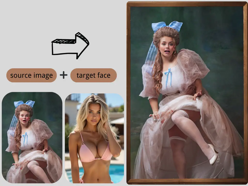 Potret lukisan minyak klasik dalam gaun bergaya Victoria diganti dengan wajah kecantikan modern, menggunakan pertukaran wajah NSFW.