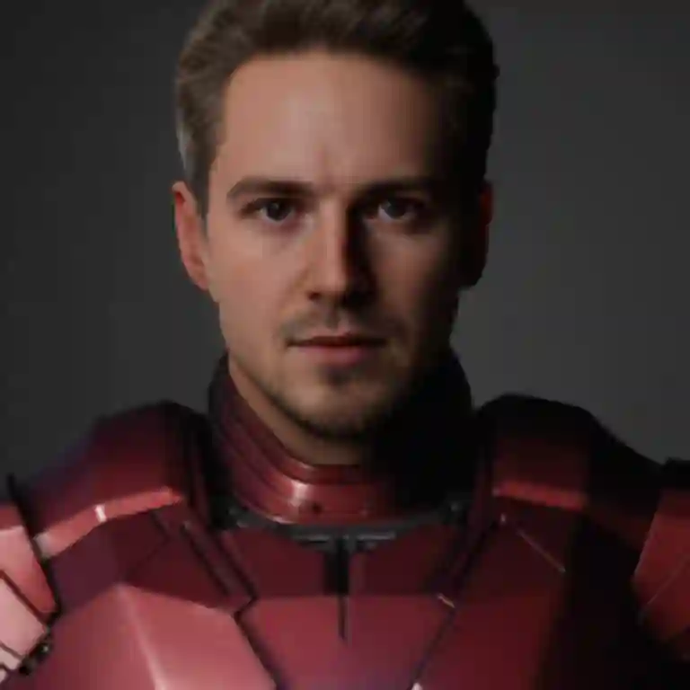 Face-swapped Iron man staart met vastberaden uitdrukking naar de camera en laat het effect zien van face-swap bij foto's.