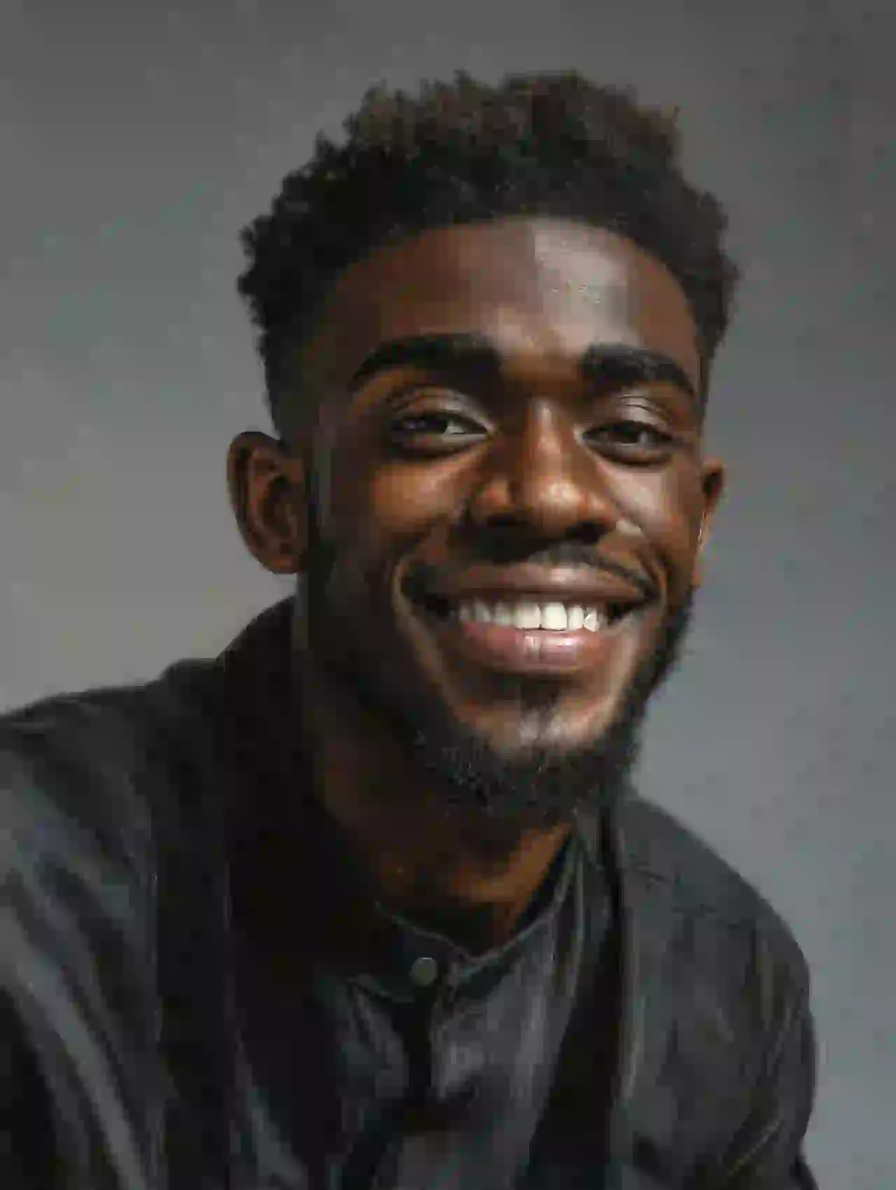 Zwarte man met kort haar en brede glimlach in casual outfit. Sjabloon voor het wisselen van foto's.