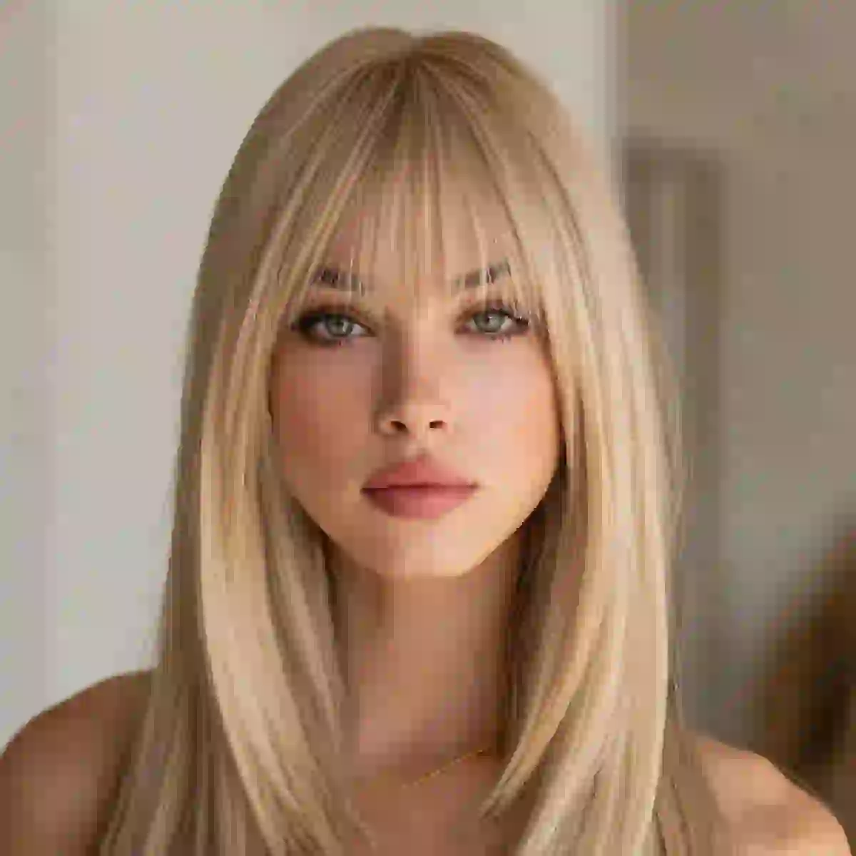 Blonde vrouw met pony. Modelsjabloon voor photo face swap.