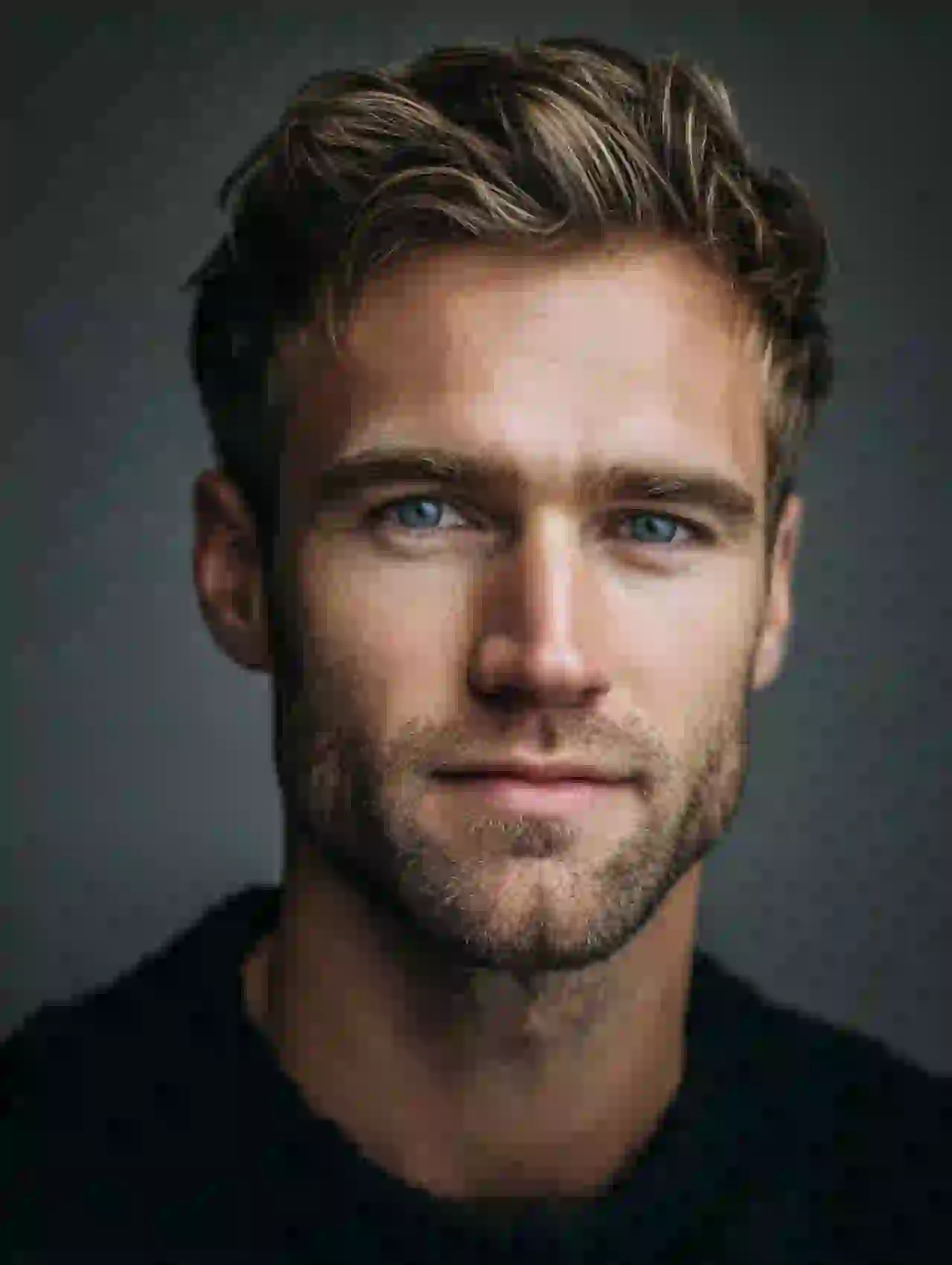 Blanke man met kort blond haar en blauwe ogen in dramatische studioverlichting. Sjabloon voor het wisselen van foto's.