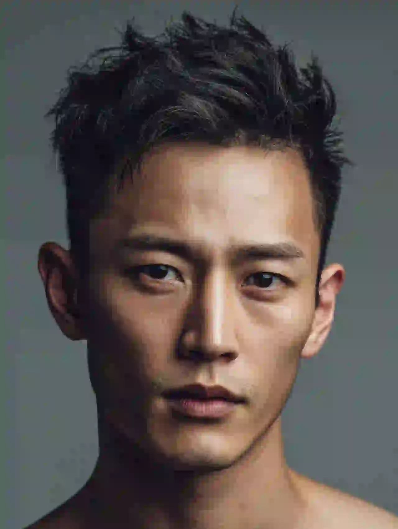 Oost-Aziatische man met stekelig donker haar en scherpe gelaatstrekken. Sjabloon voor het wisselen van foto's.