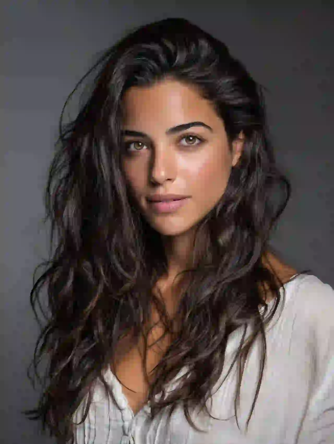 Latijnse vrouw met donker krullend haar en lichte ogen in casual stijl. Sjabloon voor het wisselen van foto's.