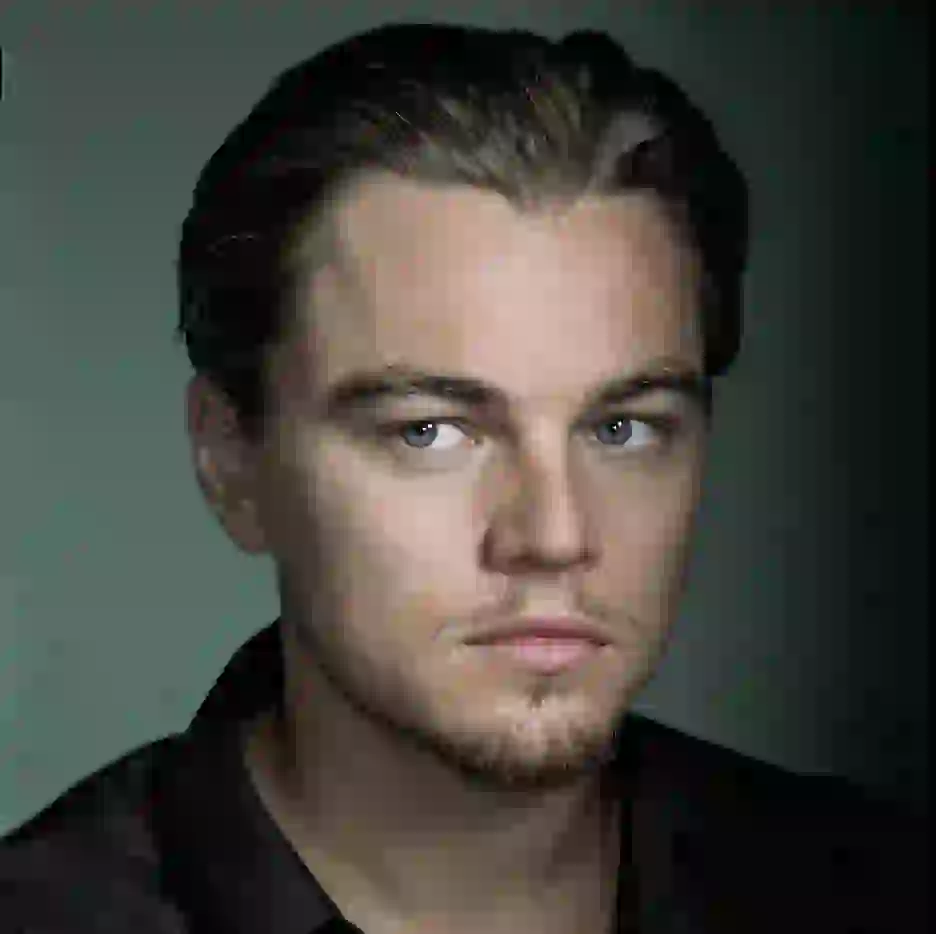 Leonardo DiCaprio poseert in het donker. Modelsjabloon voor photo face swap.