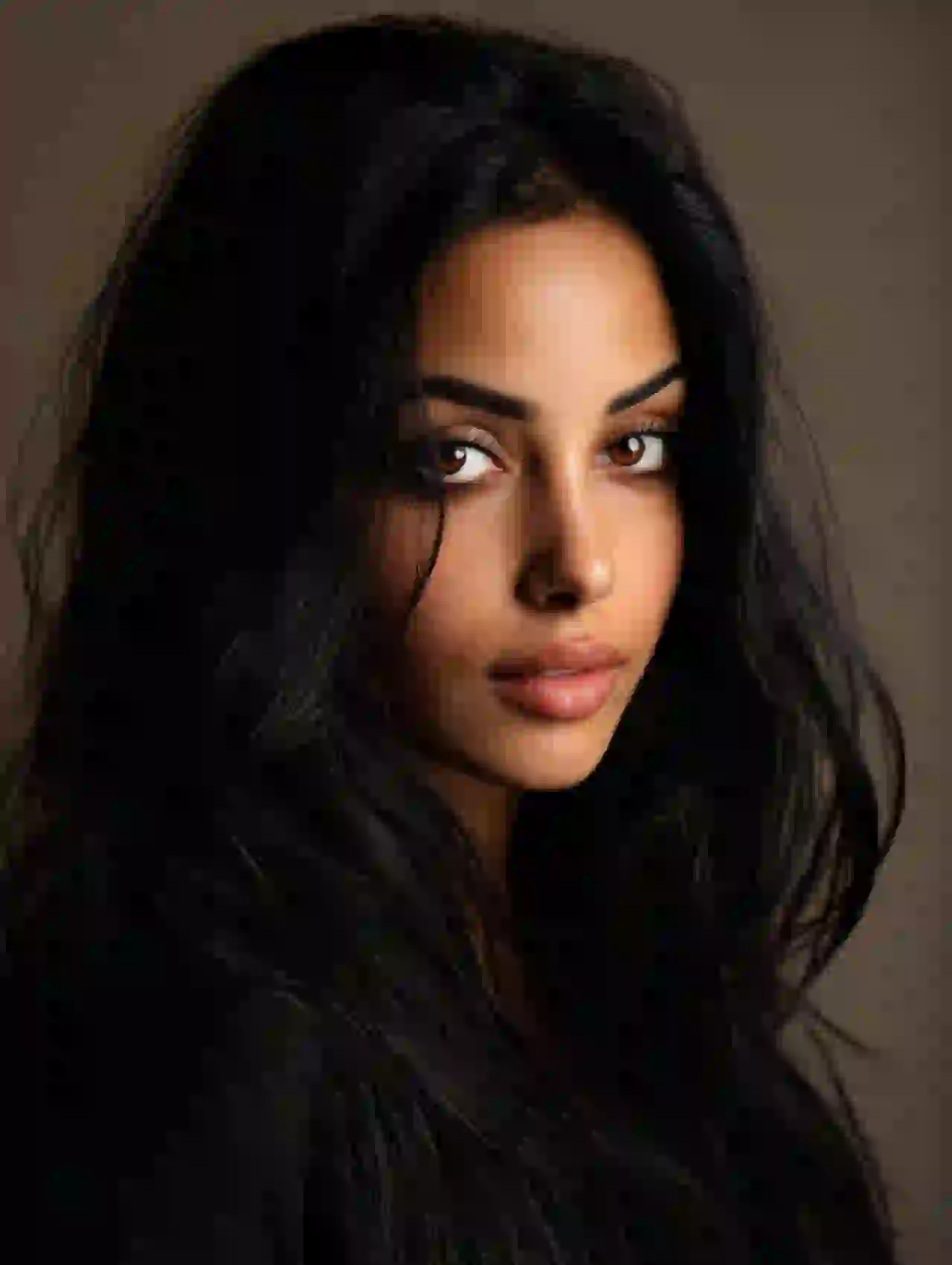 Vrouw uit het Midden-Oosten met zwart golvend haar en dramatische verlichting. Sjabloon voor het wisselen van foto's.