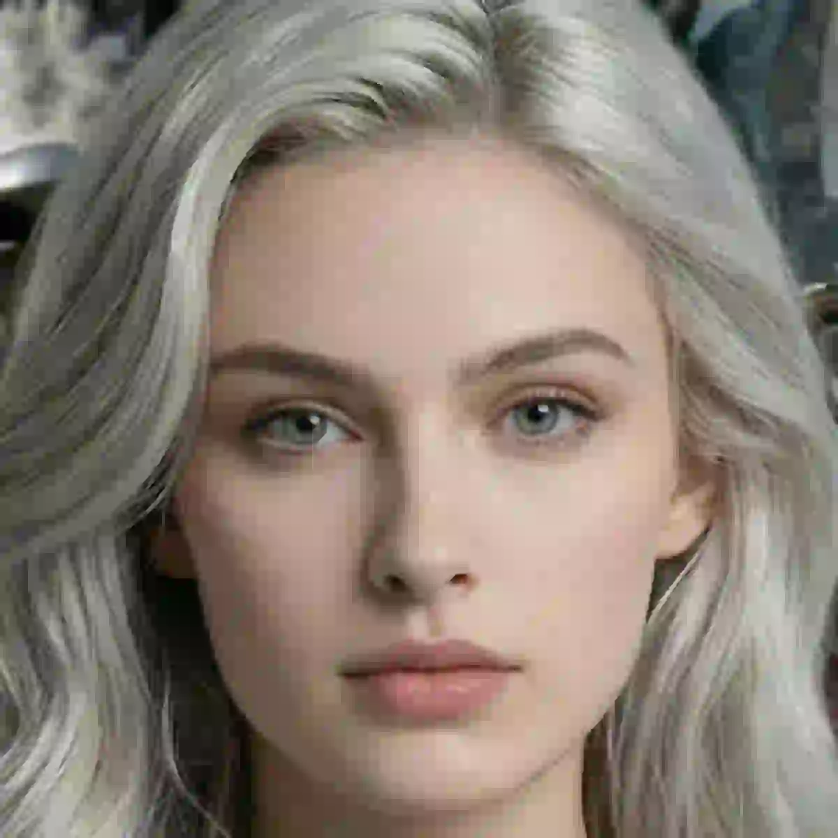 Vrouw met platinablond haar en groene ogen. Modelsjabloon voor photo face swap.