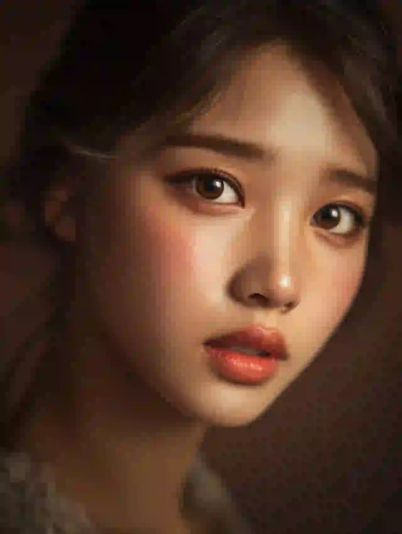 Jonge Aziatische vrouw met warme verlichting en subtiele make-up. Sjabloon voor het wisselen van foto's.