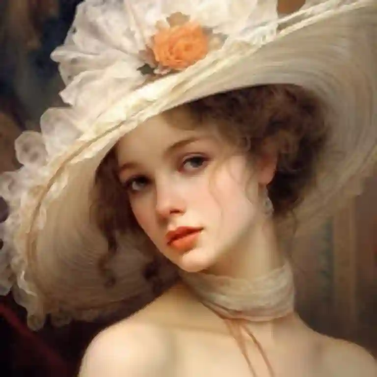 Een vrouw met een witte kanten hoed met brede rand poseert elegant. Olieverfschilderij stijl.