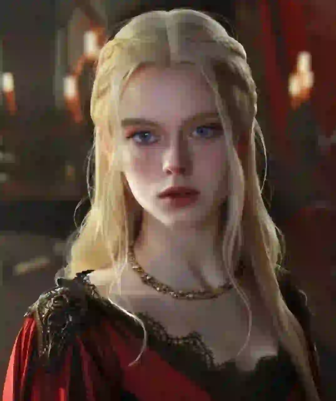 Een blonde vrouw in luxueuze rode jurk met gouden ketting. Modelsjabloon voor photo face swap.