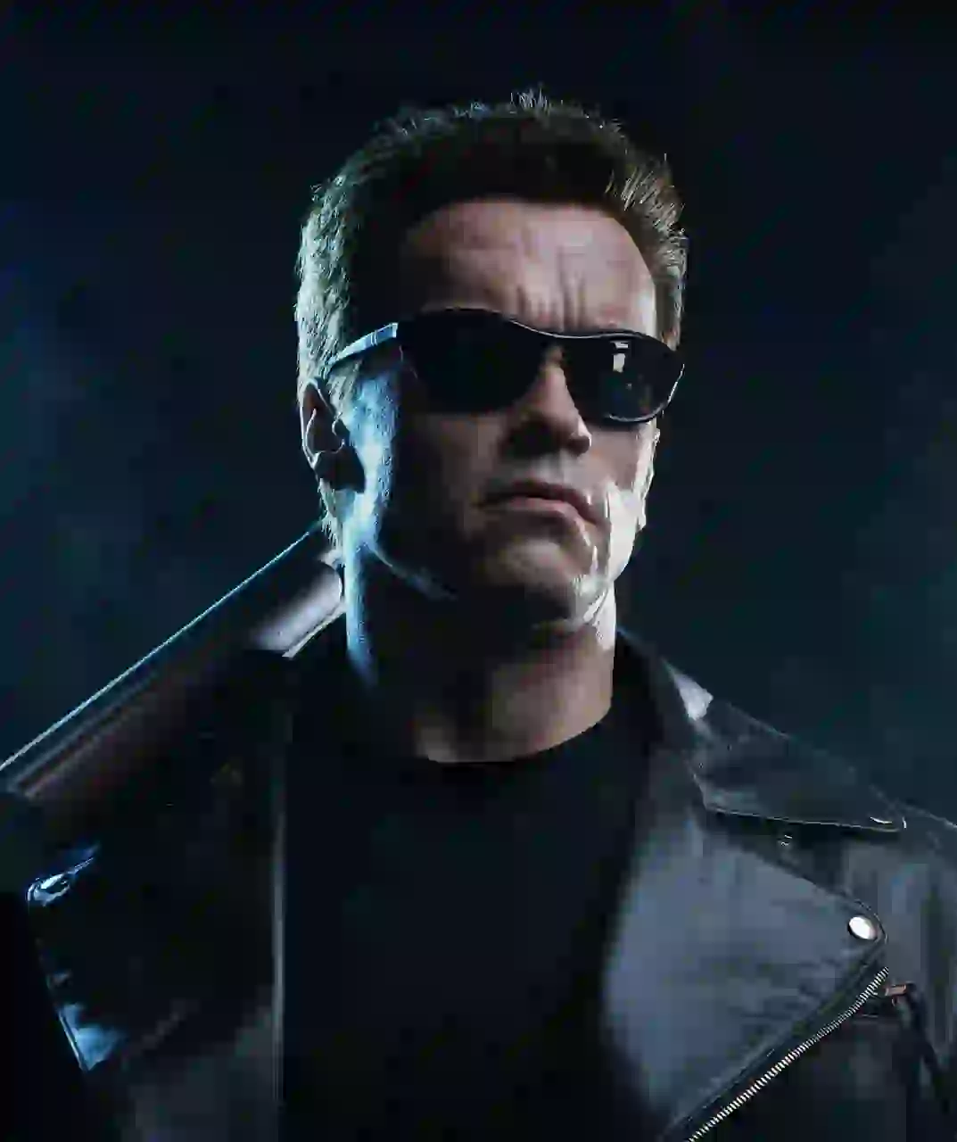 Coole man met zwarte leren blazer en zonnebril, poseert in het donker. Modelsjabloon voor photo face swap.