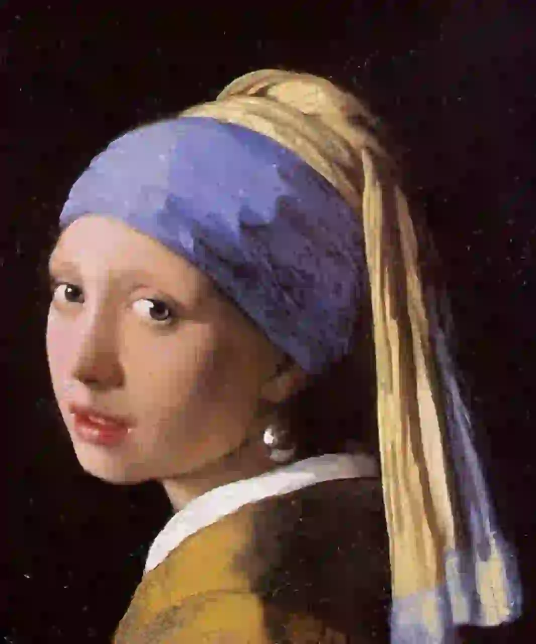 Olieverfstijl, een vrouw met parel oorbel en hoofddoek in het donker. Modelsjabloon voor photo face swap.