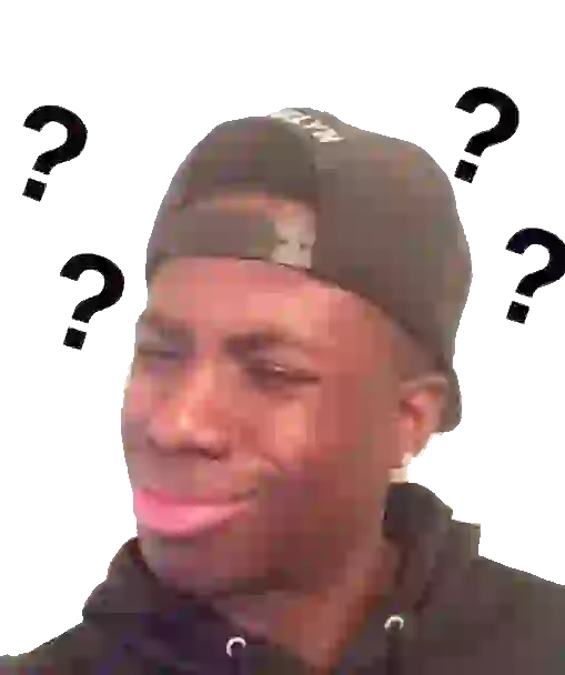 Een zwarte man met verwarde uitdrukking en vraagtekens om hem heen. Modelsjabloon voor photo face swap.