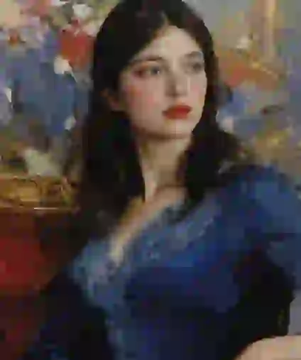 Estilo de pintura al óleo, mujer de pelo oscuro con vestido azul en el interior.