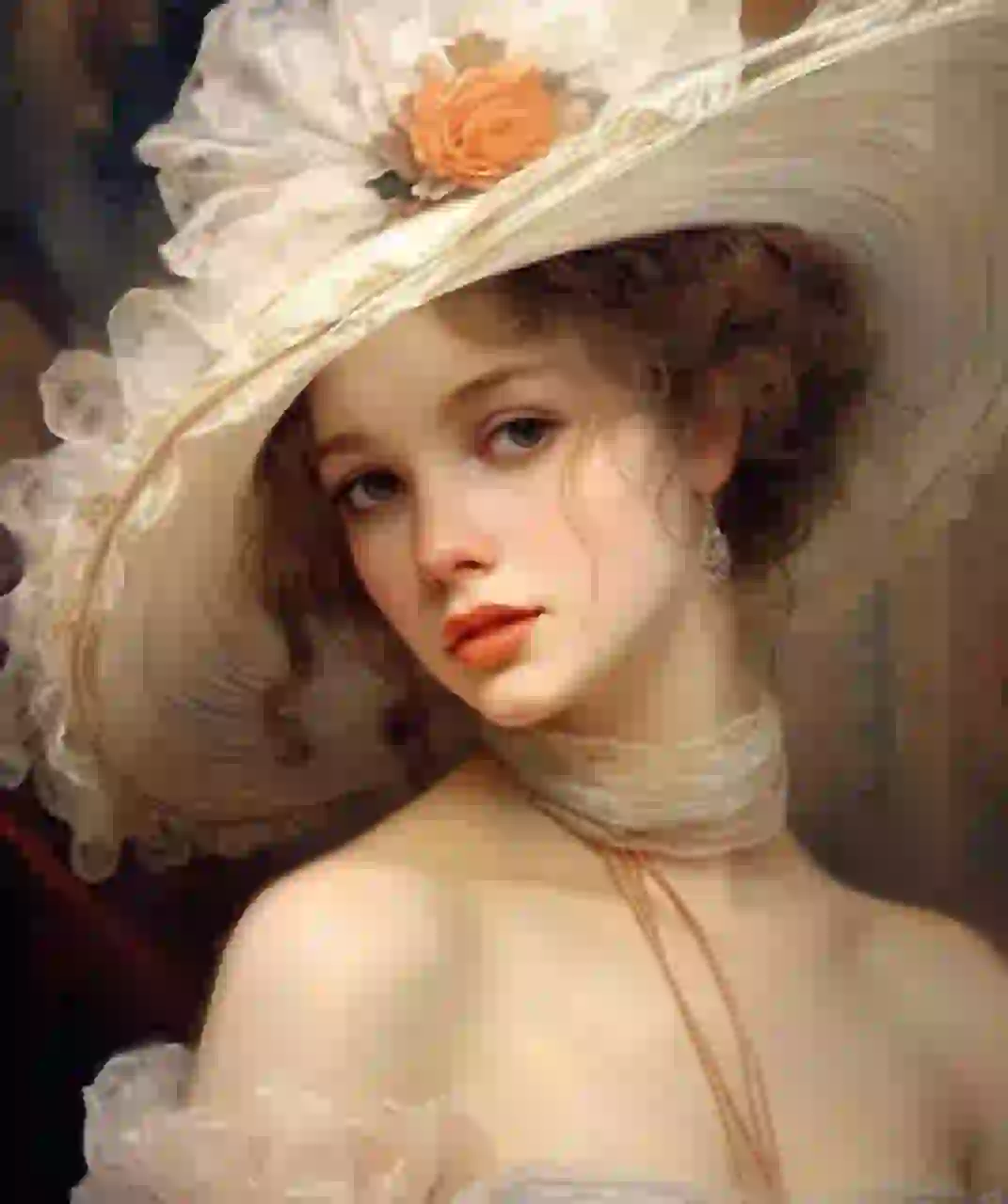 Olieverfstijl. Vrouw met schildershoed portret. Modelsjabloon voor photo face swap.