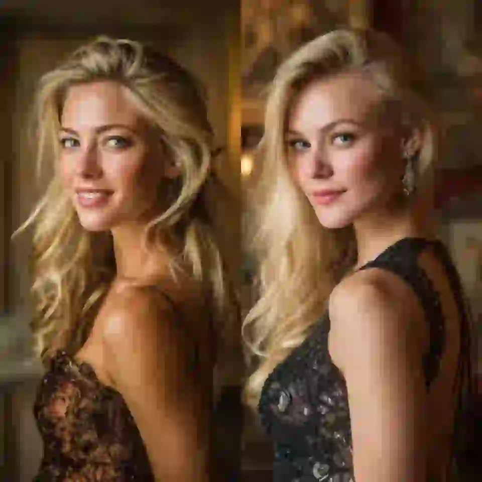 مجموعة من صورتين: إحداهما صورة لامرأة شقراء ترتدي فستانًا من الدانتيل باللون الأحمر الداكن، والأخرى صورة لامرأة شقراء ترتدي فستانًا من الدانتيل الأسود.