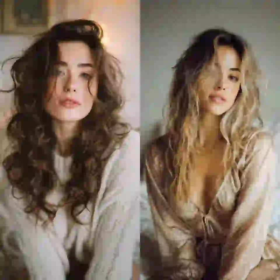 مجموعة من صورتين: إحداهما صورة لامرأة ذات شعر بني مموج ترتدي سترة محبوكة باللون البيج وتقف على سرير، والأخرى صورة لامرأة شقراء ترتدي قميصًا بيج مع قصة عميقة على شكل حرف V وتقف على السرير.