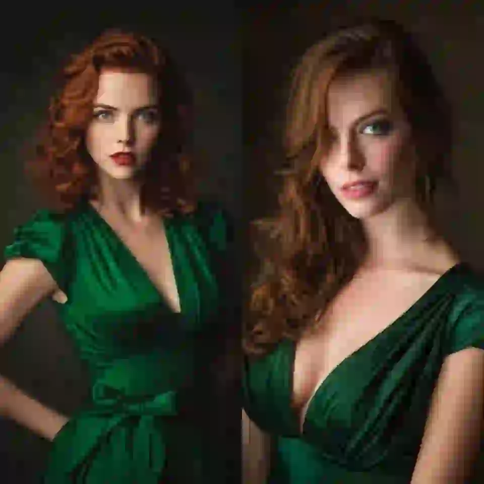 مجموعة من صورتين: إحداهما صورة لامرأة ذات شعر أحمر مجعد في فستان أخضر بقص عميق على شكل حرف V، والأخرى صورة لامرأة ذات شعر بني في فستان أخضر بقص عميق على شكل حرف V.