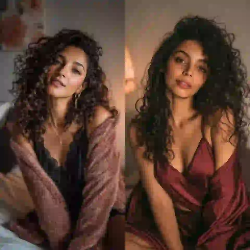 مجموعة من صورتين: إحداهما صورة لامرأة ذات شعر مجعد داكن في فستان من الدانتيل الأسود ملفوف ببطانية من الفرو الوردي، والأخرى صورة لامرأة ذات شعر مجعد داكن في فستان أحمر داكن ملفوف بملاءة حمراء داكنة.