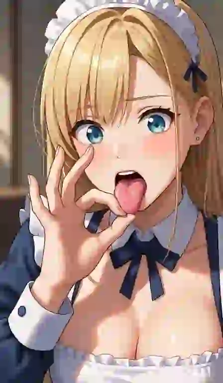 Blondynka z anime w kostiumie pokojówki wykonująca gest „OK” z wystającym językiem. Gotowy efekt dla generatora komiksów porno.