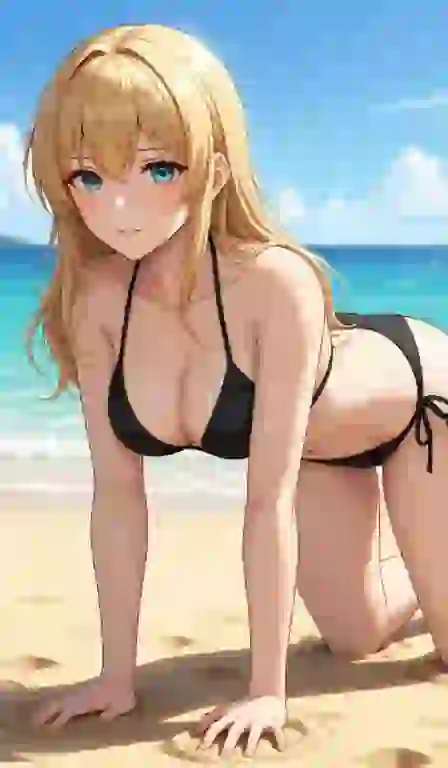 Blondynka w czarnym bikini klęcząca w pozycji pieska na plaży. Gotowy efekt dla generatora komiksów porno.