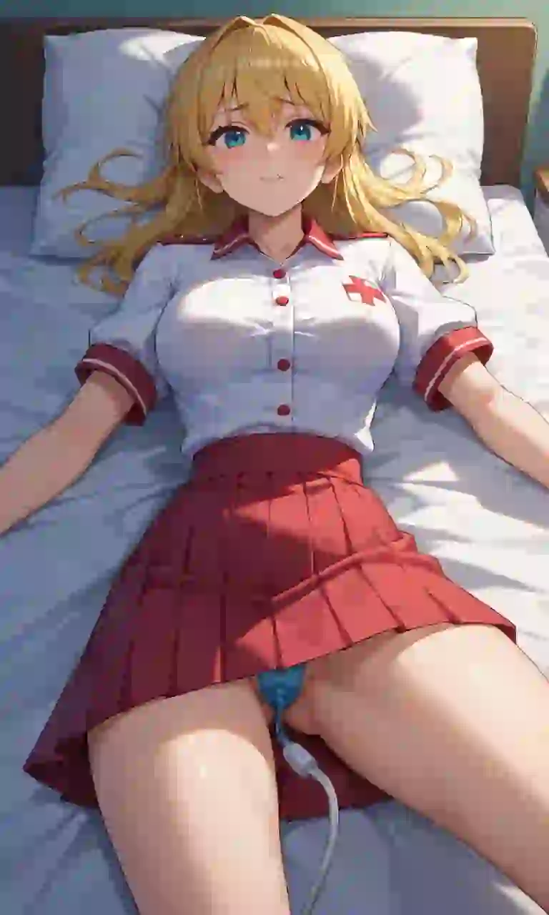 Imagen de anime generada por IA de una mujer rubia con uniforme de enfermera y falda plisada roja acostada en una cama de hospital