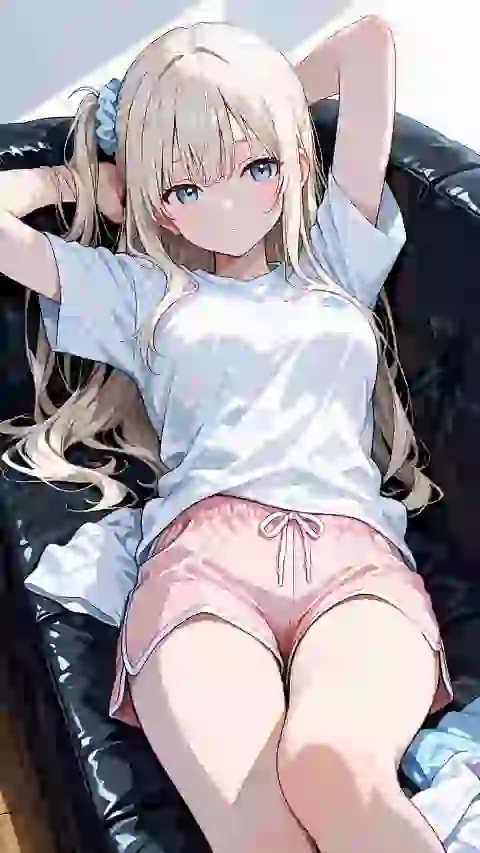 Imagen de anime generada por IA de una mujer rubia con cabello de dos colas con una camiseta blanca informal y pantalones cortos rosas sentada en un sofá