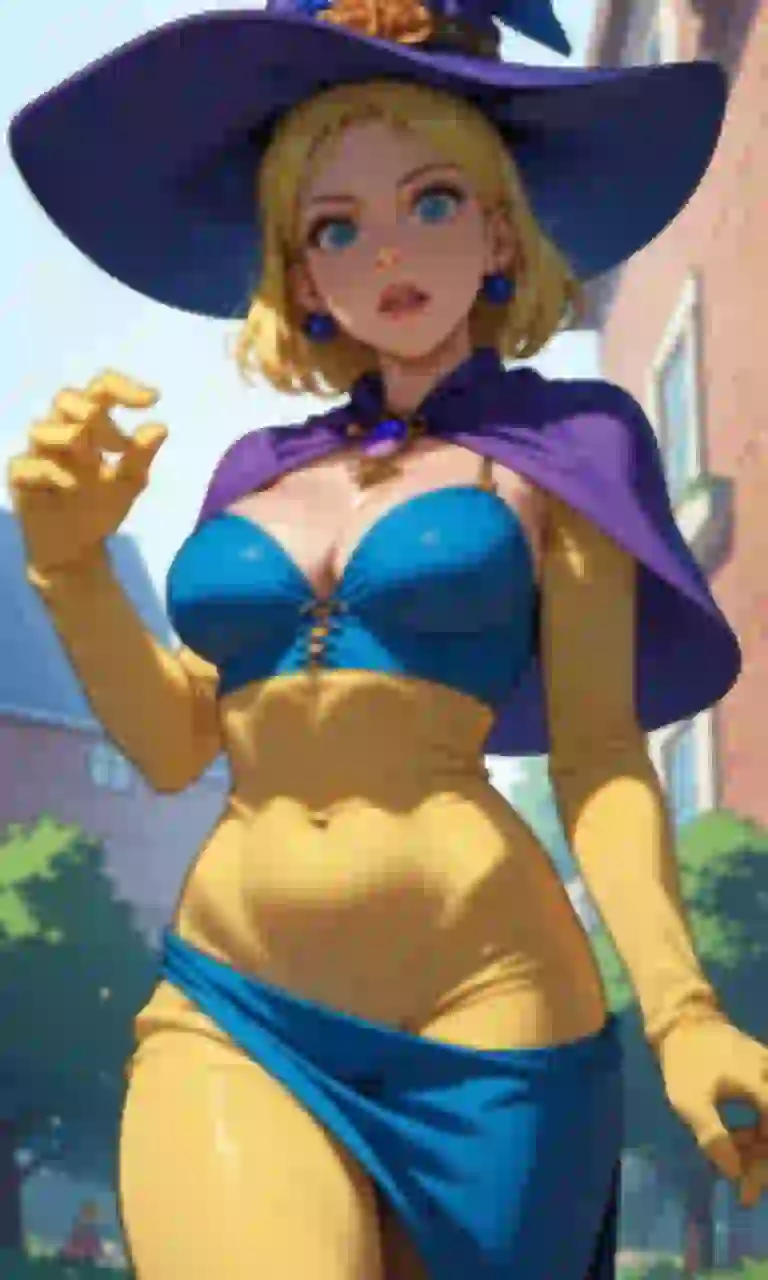 Wygenerowany przez sztuczną inteligencję obraz anime przedstawiający blondynkę wiedźmę w fioletowym kapeluszu i pelerynie w kolorowym stroju fantasy w scenerii miasta