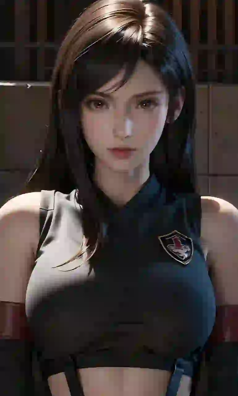 Imagen renderizada en 3D generada por IA de una mujer de cabello oscuro con un traje de combate sin mangas y un emblema en una iluminación ambiental cambiante.